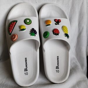 No Boundaries White Slide Sandals with Colorful Fruit Charms